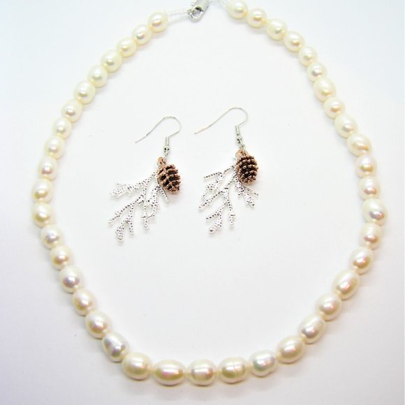 Natural Pearl Necklace and Woodland Earrings Set Wedding Jewelry for Bride - Picture 12 of 12